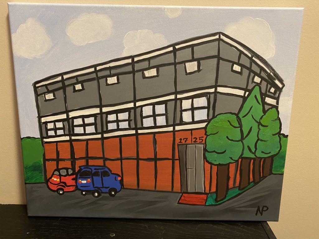 my first painting was of the office building from the show The Office