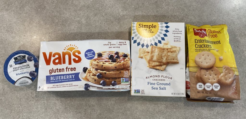 allergen-friendly yogurt, waffles, and two types of crackers 