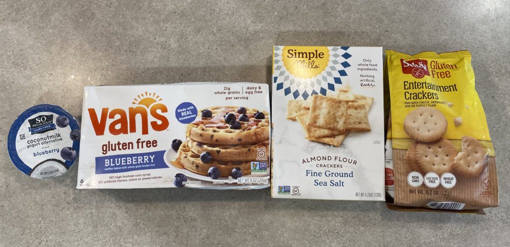 allergen-friendly yogurt, waffles, and two types of crackers