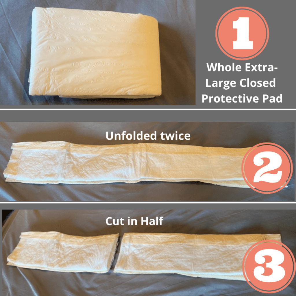 Step 1 is showing the whole extra-large closed protective pad, step 2 is showing it unfolded twice, step 3 shows cutting the pad in half. 