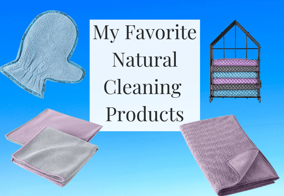 My favorite natural cleaning products showing Norwex dusting mitt, envirocloth, window cloth, counter cloths in house, and kitchen cloth