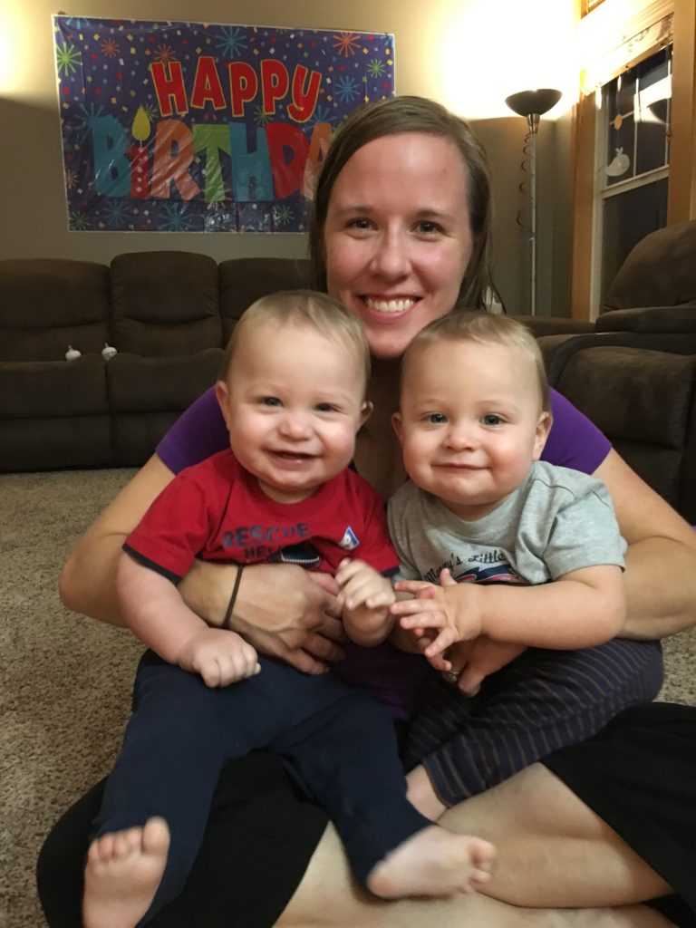 picture of my twins and me on their first birthday. We made it through the first year!