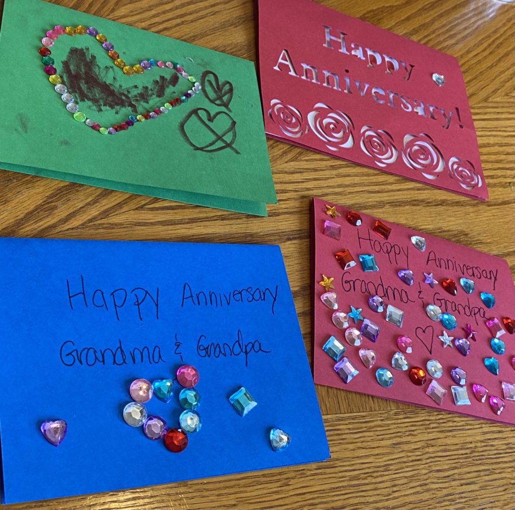 Cards kids made with their self-adhesive rhinestones for Grandma and Grandpa's Anniversary. 