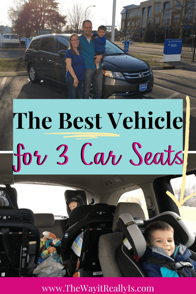 The best vehicle for 3 or more carseats, photos showing us in front of the vehicle and another photo shows all 3 kids in the vehicle in car seats.