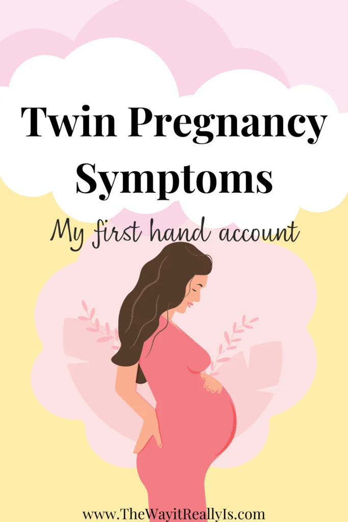 Twin pregnancy symptoms my first hand account text with picture of woman with hand on belly.