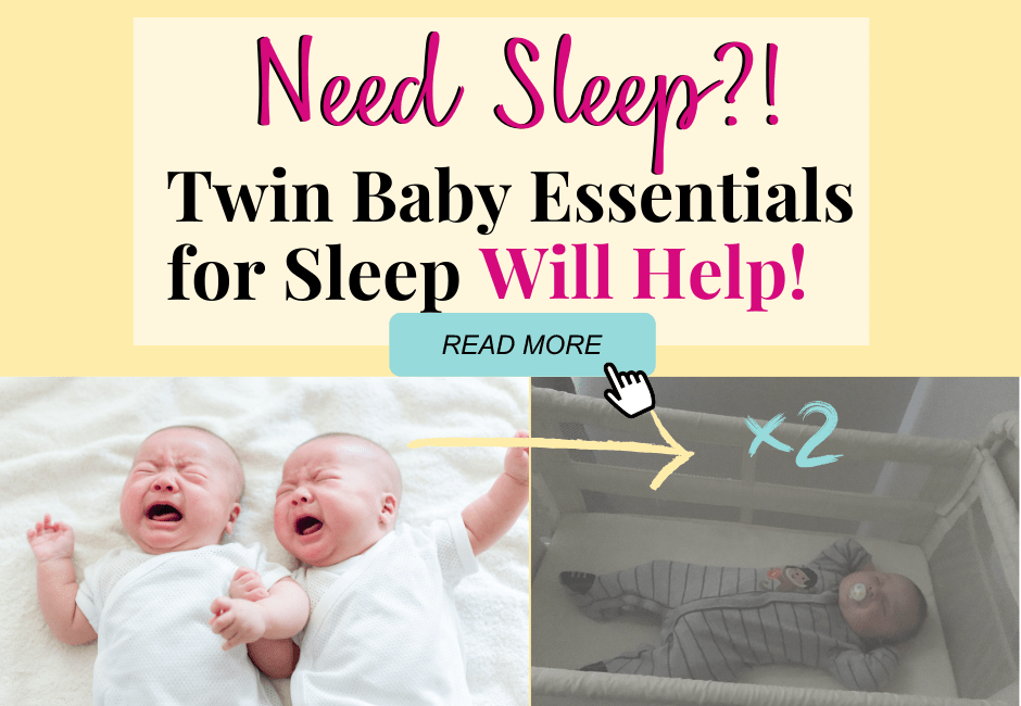 Need sleep? Twin Baby Essentials for Sleep Will Help! With pic of crying babies then a sleeping baby.
