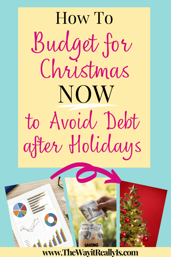 How to Budget for Christmas NOW to Avoid Debt after Holidays text with picture of spreadsheets, then person putting money in a jar to save, and a Christmas tree.
