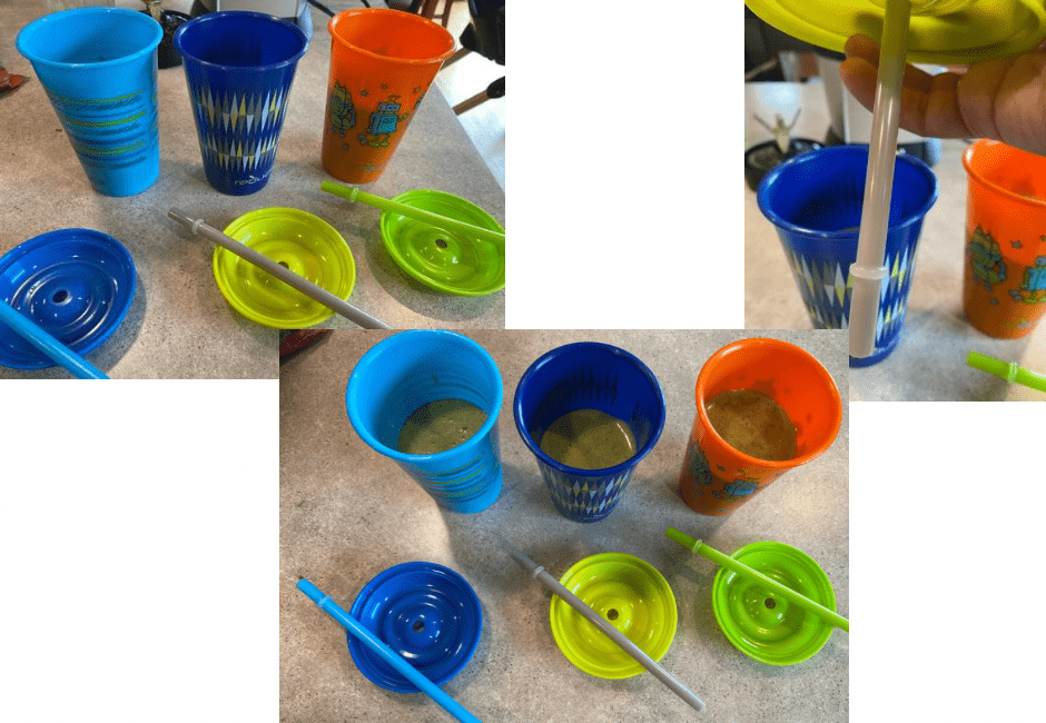 Our smoothie cups for the kids in different colors. 
