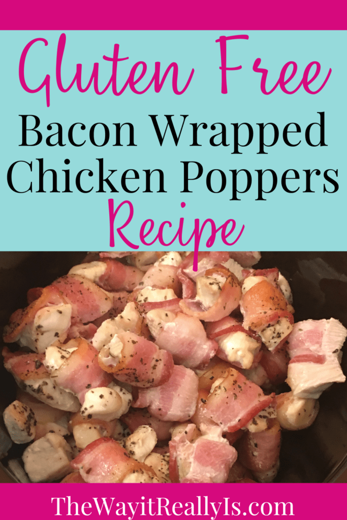 Gluten Free Bacon Wrapped Chicken Poppers Recipe with image of the poppers in a crockpot.
