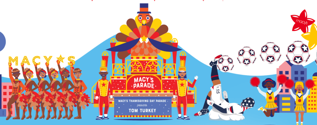 Macy's Thanksgiving Day parade graphic showing floats and dancers.