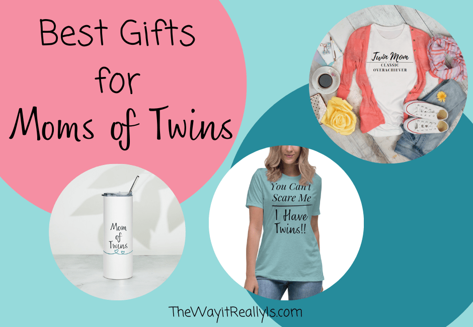 best gifts for moms of twins text with image of three gifts including two shirts and a tumbler for water, coffee, or tea.