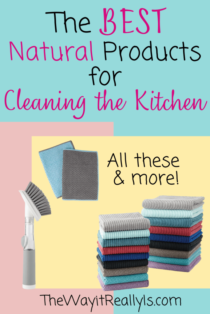 Best natural products for  cleaning the kitchen pin with images of products on it and text.