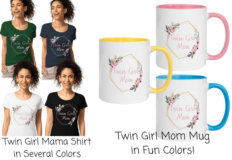 Twin girl mom shirts and mugs in various colors