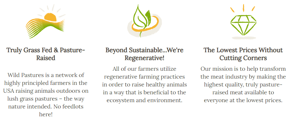 Image from Wild Pasture website explaining that they are truly grass fed and pasture raised meat, they're regenerative, and the lowest price without cutting corners.