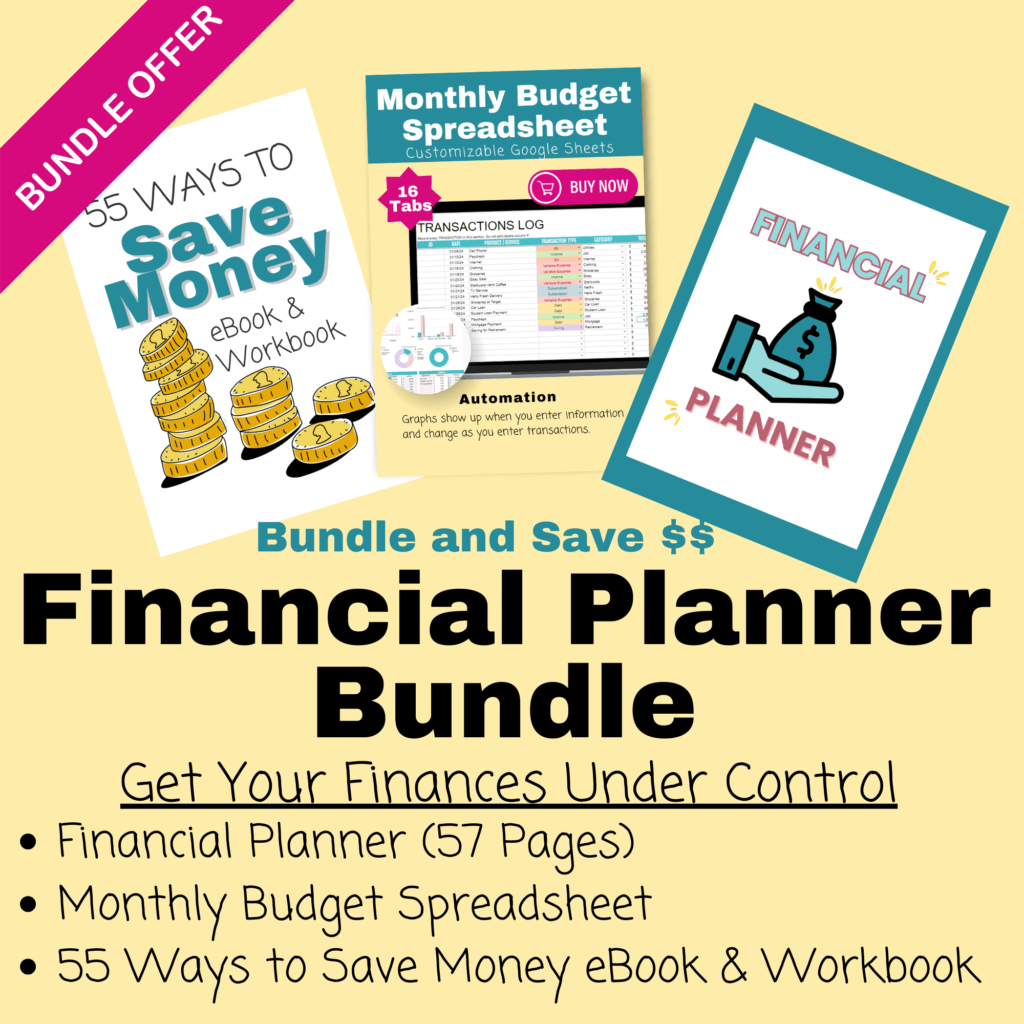 Are you having trouble covering costs month to month and not sure where your money is going?

The Financial Planner Bundle is here to help you save money and get your finances on track.