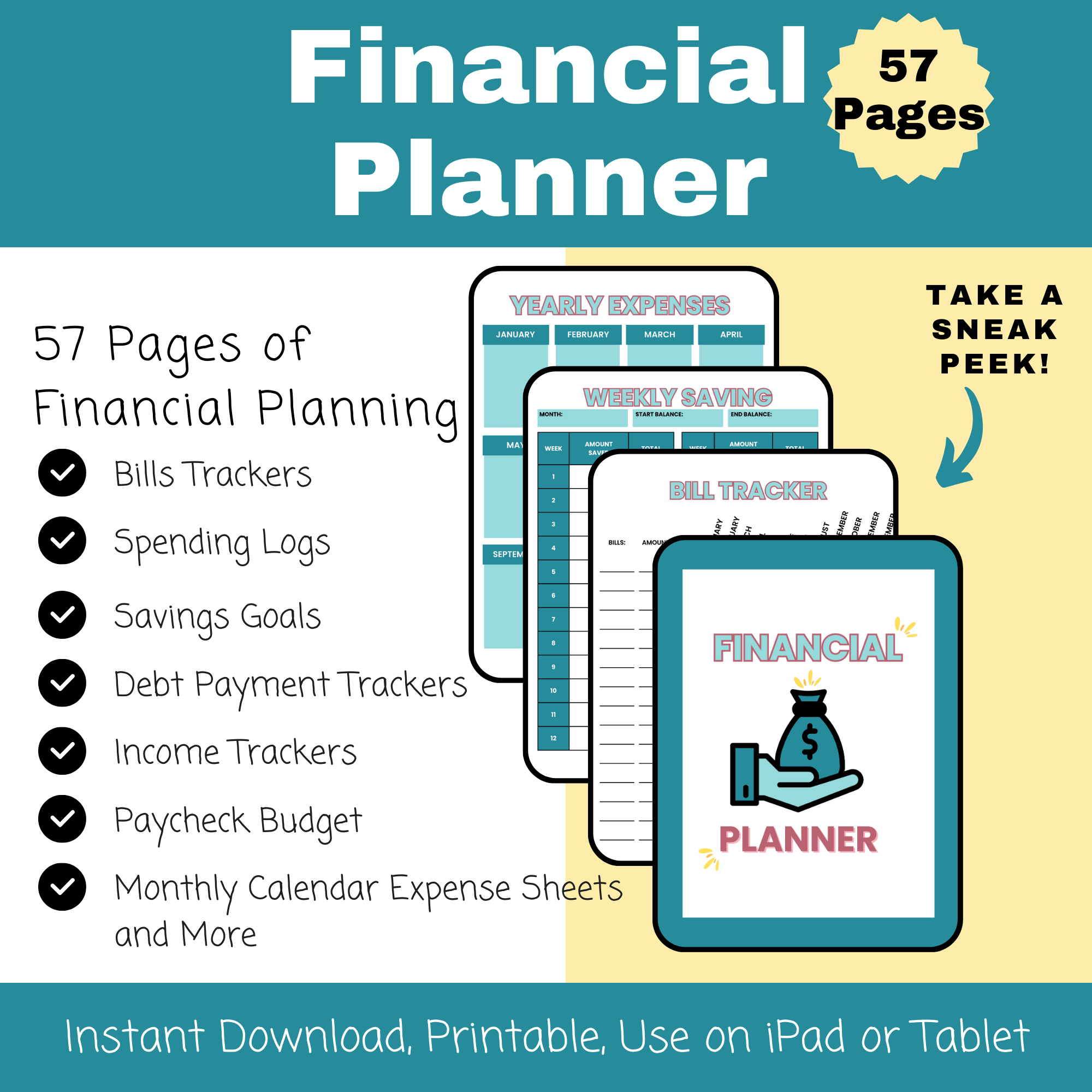 Are you sick of being in debt and living paycheck to paycheck? This financial planner will help you organize your financial spending, savings goals, and pay off your debt.