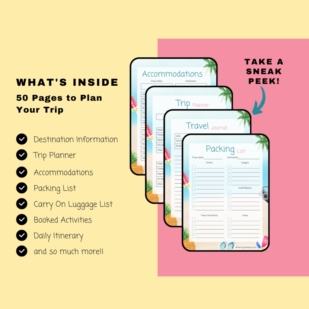 Features of the Travel Planner: Destination Info, Trip Planner, Accommodations, Packing Lists, Carry On Luggage List, Booked Activities, Daily Itinerary, and more!