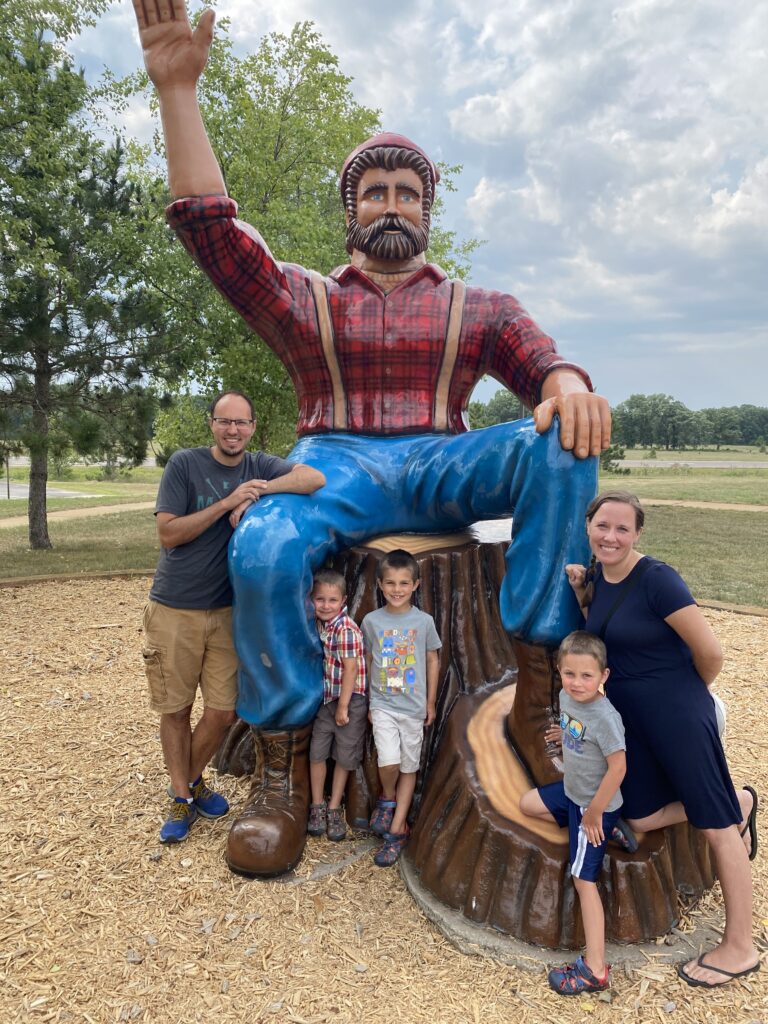 All 5 of us with Paul Bunyan at a rest stop!