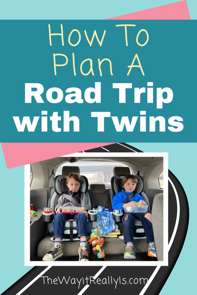 How to Plan a Road Trip with Twins with a picture of my twins on a road trip while eating from their bento boxes