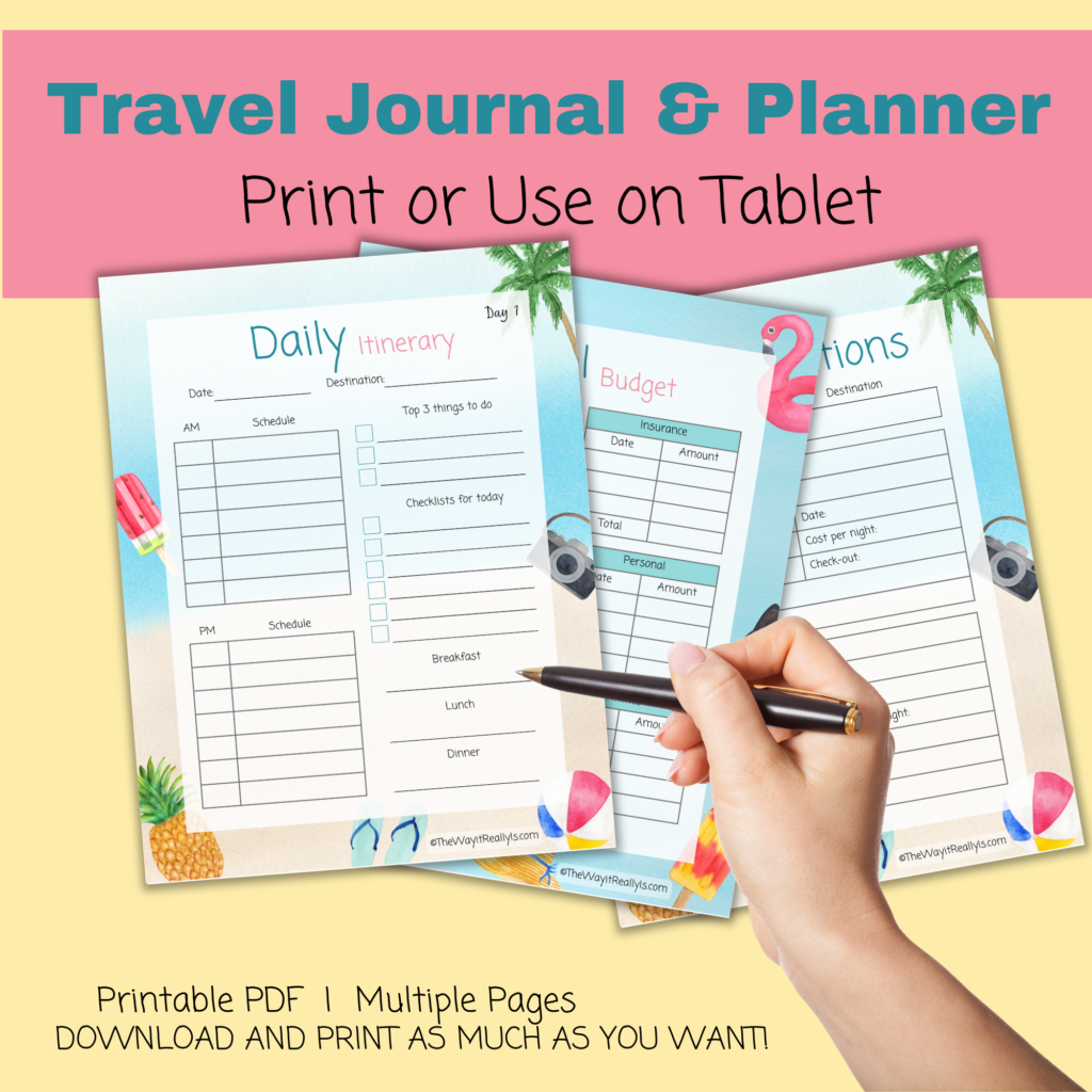 Showing close up of the trip planner printable including how you can use it on a tablet or other device.