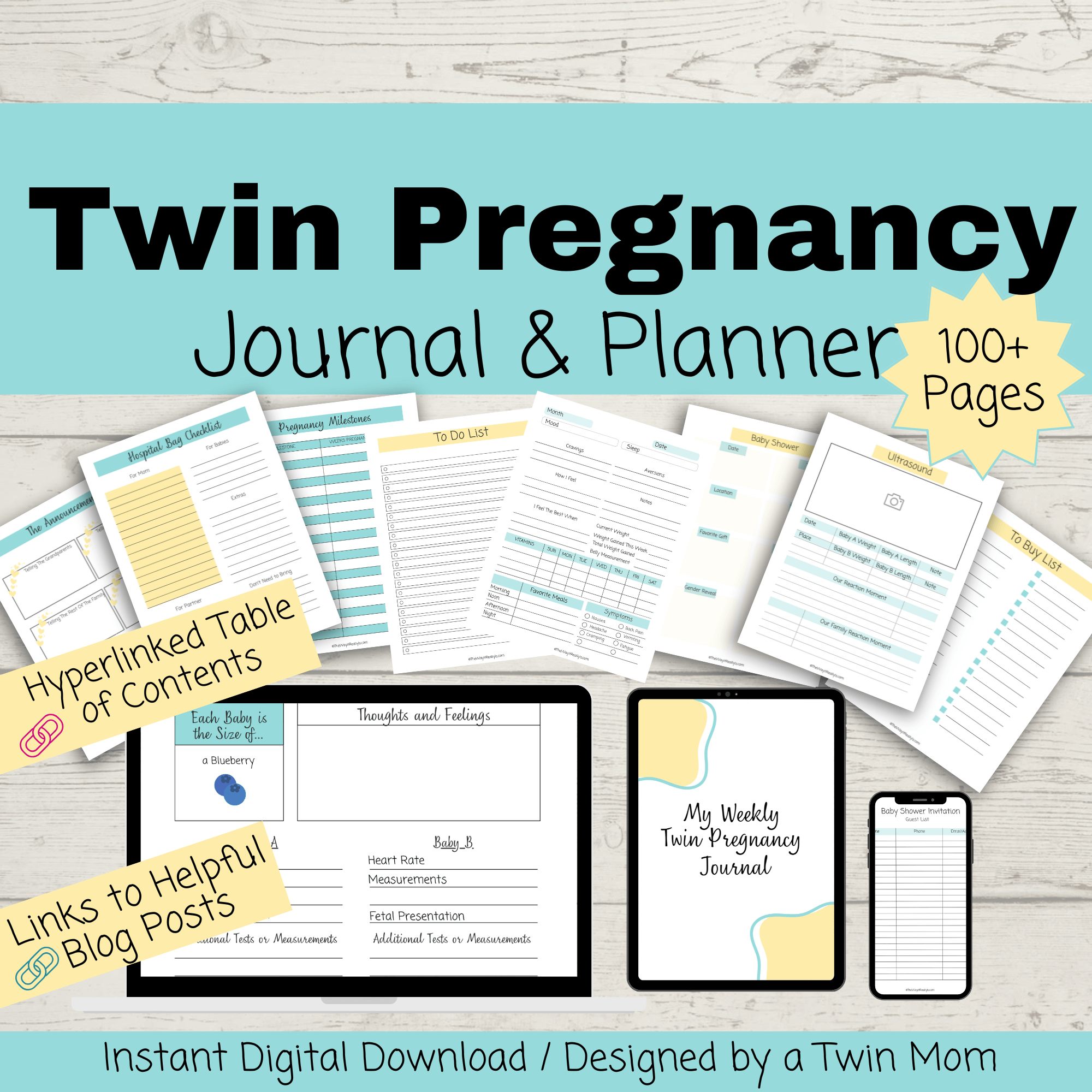 Twin Pregnancy Tracker and Journal, Hyperlinked Twin Pregnancy Journal