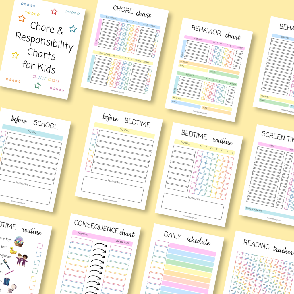 chore calendar and chore charts for kids and families including chore charts, reward charts, allowance charts, screentime charts, behavior charts, daily schedule, weekly chore charts, monthly schedule, school day charts, daily checklists, consequence charts, morning and afternoon routines, before and after school checklists, bedtime routines, and more!