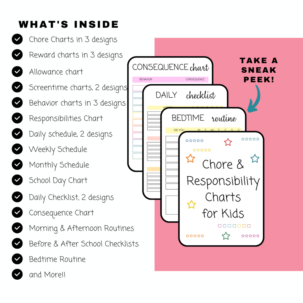 chore calendar and chore charts for kids and families including chore charts, reward charts, allowance charts, screentime charts, behavior charts, daily schedule, weekly chore charts, monthly schedule, school day charts, daily checklists, consequence charts, morning and afternoon routines, before and after school checklists, bedtime routines, and more!