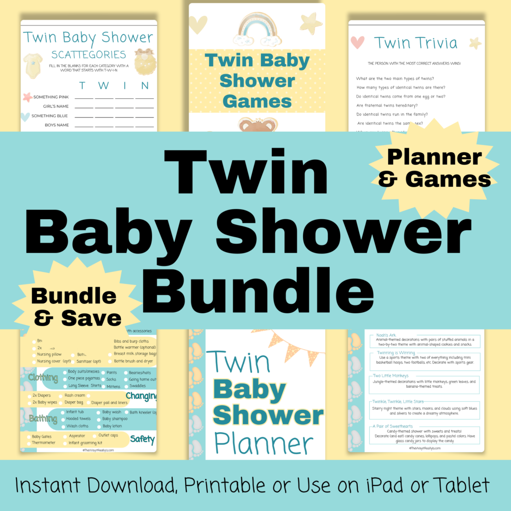 Twin Baby Shower bundle with twin baby shower games and twin baby shower planner to save 20%