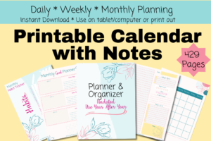 Printable Calendar with Notes Instant Download
