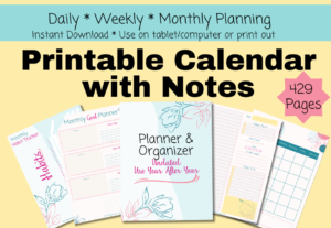 Printable Calendar with Notes showing the planner and organizer with 429 pages