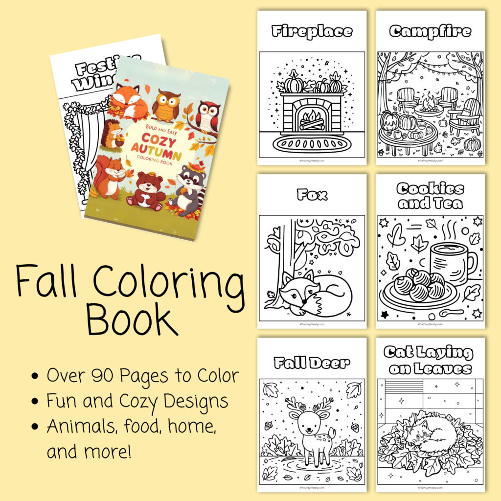 Fall coloring book with over 90 pages to color of fun and cozy designs, animals, food, home and more.