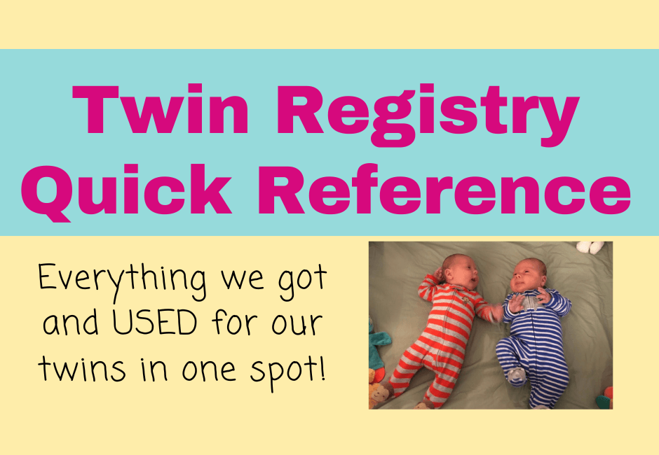 A graphic featuring two twin babies in striped pajamas lying on a blanket, accompanied by the text "Twin Registry Quick Reference" and additional details about a twin baby registry.