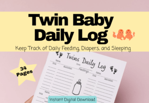 The printable pdf includes a cover page showing what's included in the Twin Baby Daily Log, an instruction sheet, and 30 pages of the twin baby daily log which are all the same, one for each day of the month.