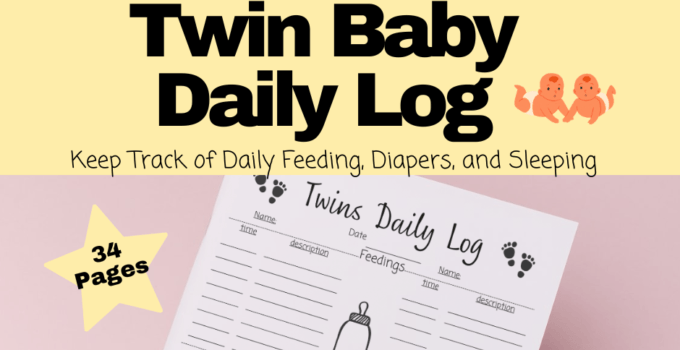 The printable pdf includes a cover page showing what's included in the Twin Baby Daily Log, an instruction sheet, and 30 pages of the twin baby daily log which are all the same, one for each day of the month. 