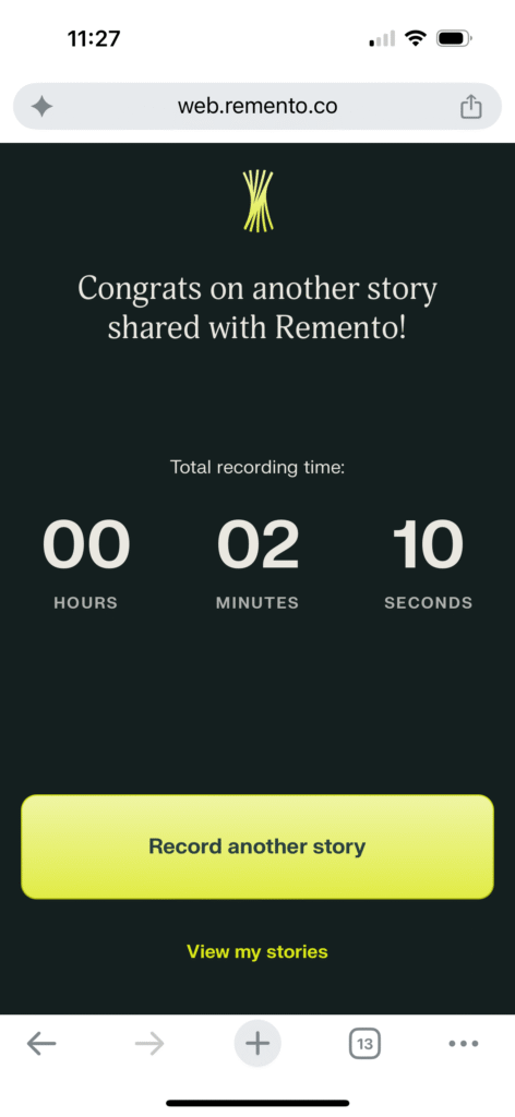 The page after that tells me how long I've recorded total and gives me options to either record another story or view my stories.