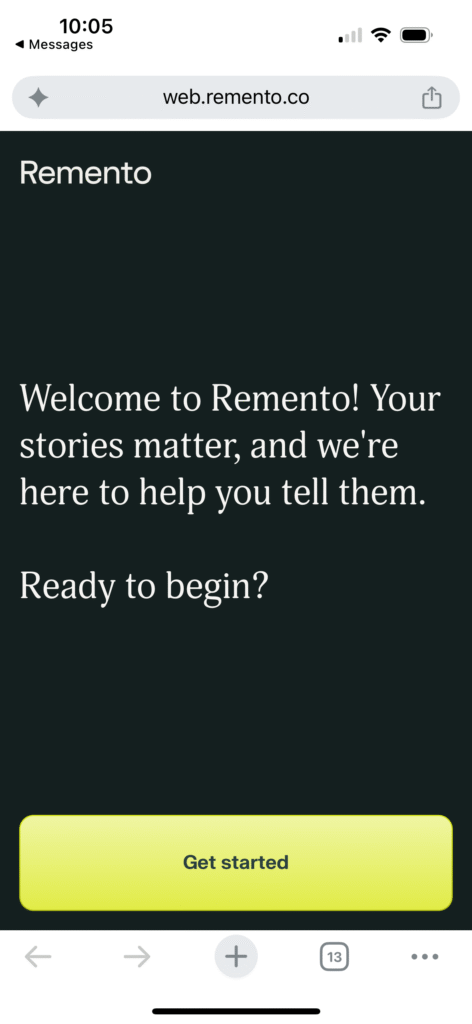 Welcome to Remento screen once I clicked the link in my text. 